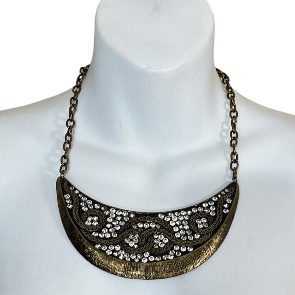 Lucia Necklace & Earrings Set Bronze Tone Rhinestone Bib Egyptian Statement